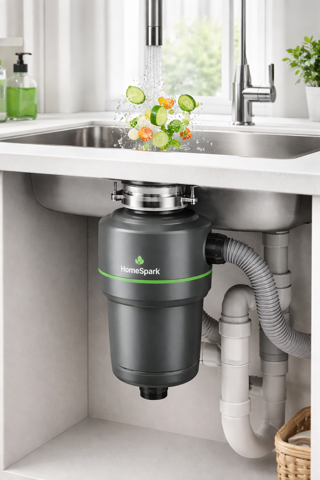 Triturador de alimentos HomeSpark instalado bajo el fregadero de cocina, mostrando vegetales siendo triturados con agua corriendo